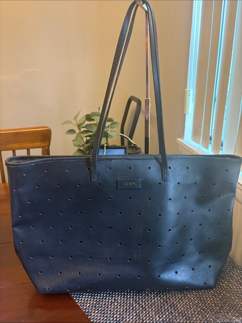 Fendi Black Perforated extra large Leather Tote with Pink Peek and small pouch